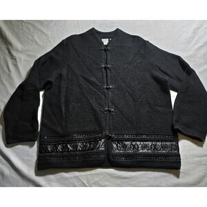 Vtg Field Gear Woman Wool Cardigan Sweater 1X Black Frog Closure Embroidered Hem